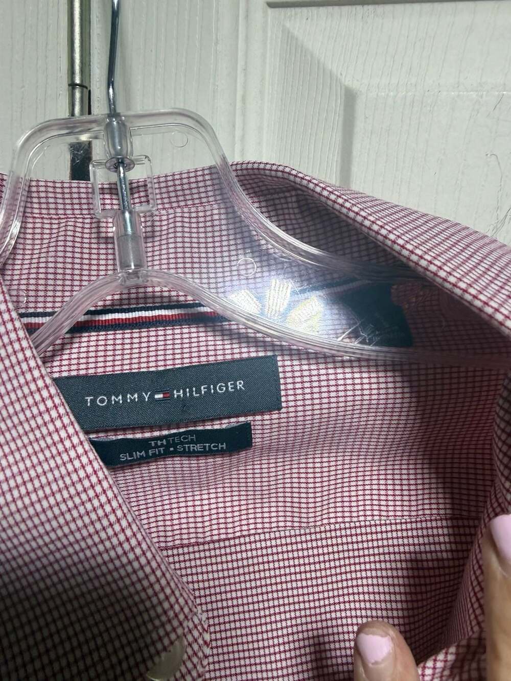 Tommy Hilfiger TH Tech Slim Fit Stretch Dress Shirt Red Gingham size small. - Picture 2 of 3